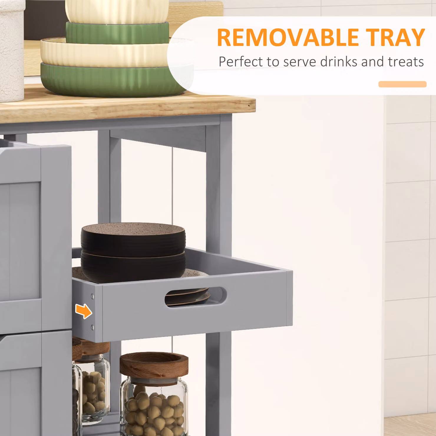 HOMCOM Rolling Kitchen Island Cart and Bar Serving Trolley with Wood Top and Shelves in Grey – 3