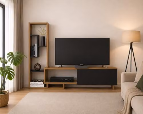 Decorotika Pegai Modern TV Unit with Side Bookcase and Storage Cabinet in Black and Brown