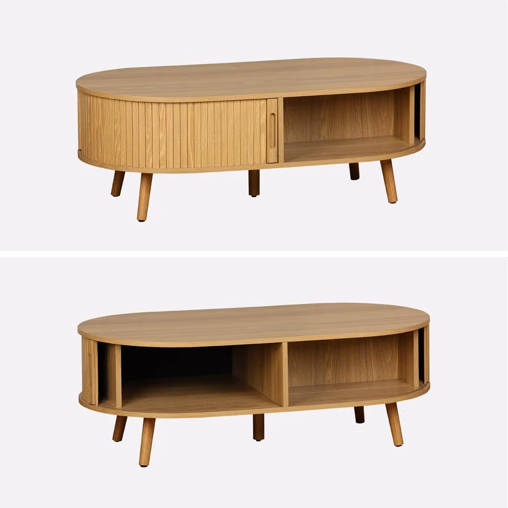 sweeek Coffee Table with Sliding Doors and Grooved Wooden-effect Compartments in Light Brown, W/D/H: 120 x 60 x 39 cm – 2