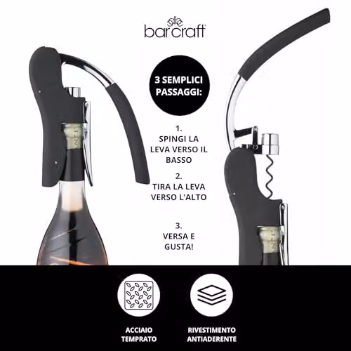 BarCraft Deluxe Lever Corkscrew and Wine Bottle Opener with Built-in Foil Cutter in Black and Silver Metal – 3