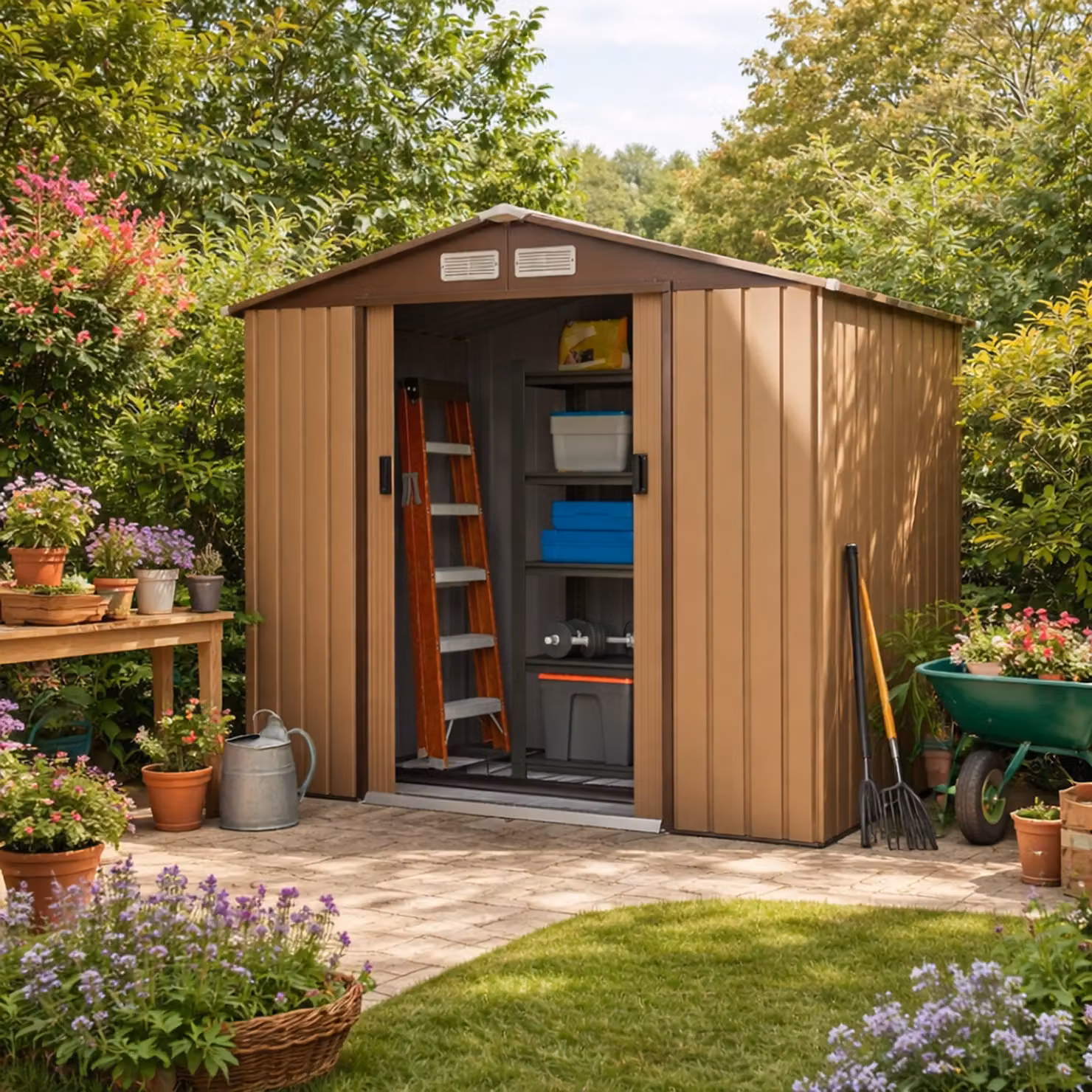 Outsunny Lockable Metal Garden Storage Shed with Pent Roof and Side Vent, Light Brown, W: 213.4 cm, D: 127.0 cm, H: 185.0 cm – 2