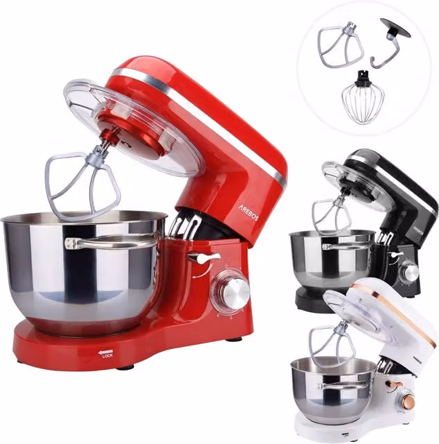 AREBOS Stand Mixer with 6L Stainless Steel Mixing Bowl, Red