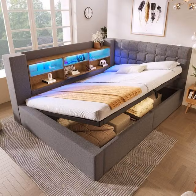 Merax Grey Fabric Double Ottoman Daybed with Reversible L-Shaped Headboard, USB Charging Port and Under-Bed Lighting, W/D/H: 140 x 200 x 135 cm