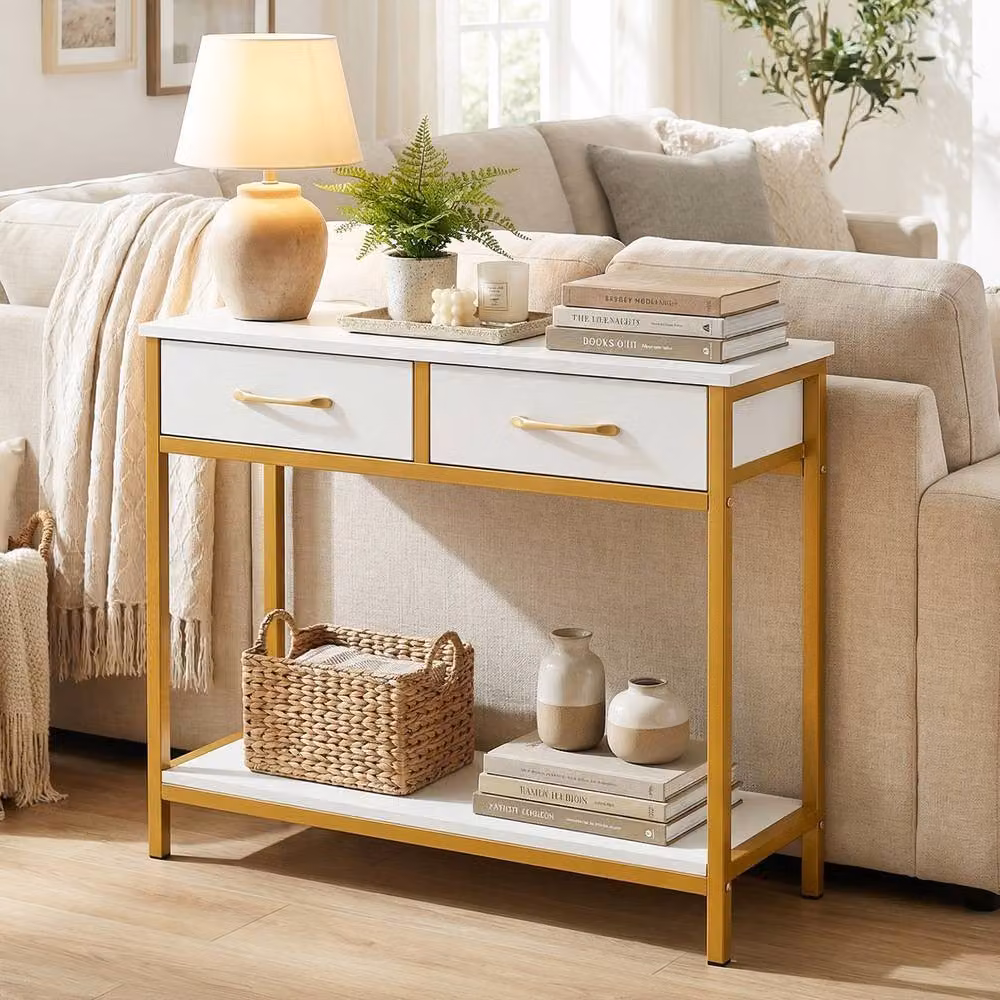 Gymax Narrow White Console Table with 2 Fabric Drawers and Industrial Wood Design – 2