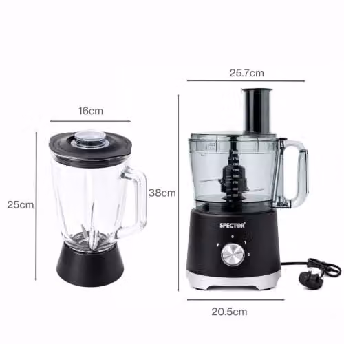 Spector Food Processor 1500W with 2.5L Bowl and 1.5L Glass Jug, Black – 12