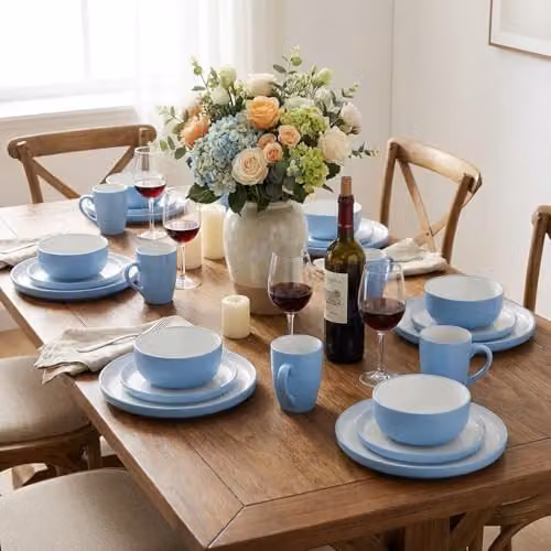 Waterside 16-Piece Blue and White Coupe Stoneware Dinner Set with 4 Dinner Plates, 4 Side Plates, 4 Deep Bowls and 4 Mugs – 2