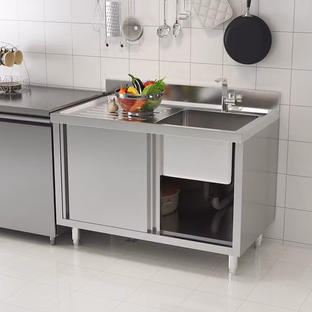 Livingandhome Freestanding Modern Metal Kitchen Sink Unit with Sliding Doors in Silver