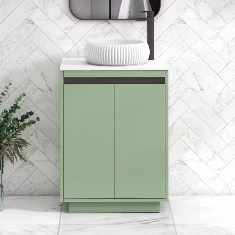 Royal Bathrooms Orion 600mm Mint Sage Floor Standing 2 Door Vanity Unit with Milan Basin and Black Accent Trim