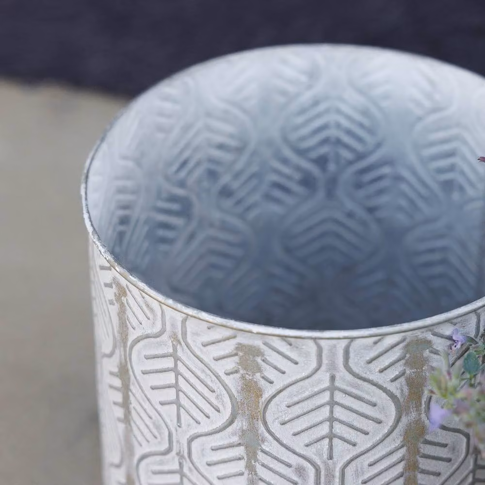 Primrose Set of 2 Metal Leaf Design Round Cylinder Decorative Tabletop Planters in Beige and White – 2
