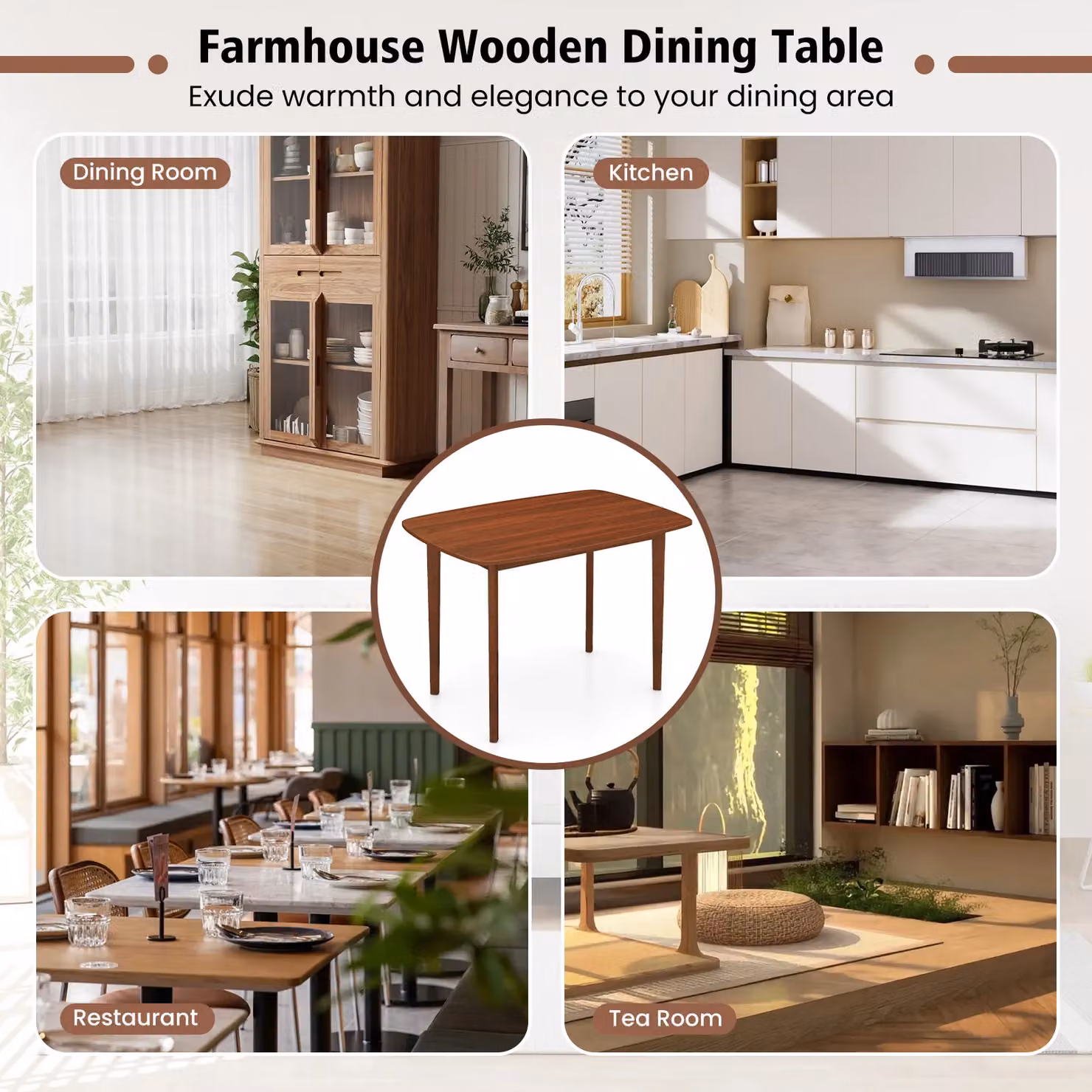 Costway Rectangular Wooden Dining Table in Brown, W: 110 cm, D: 90 cm, H: 77 cm – 7