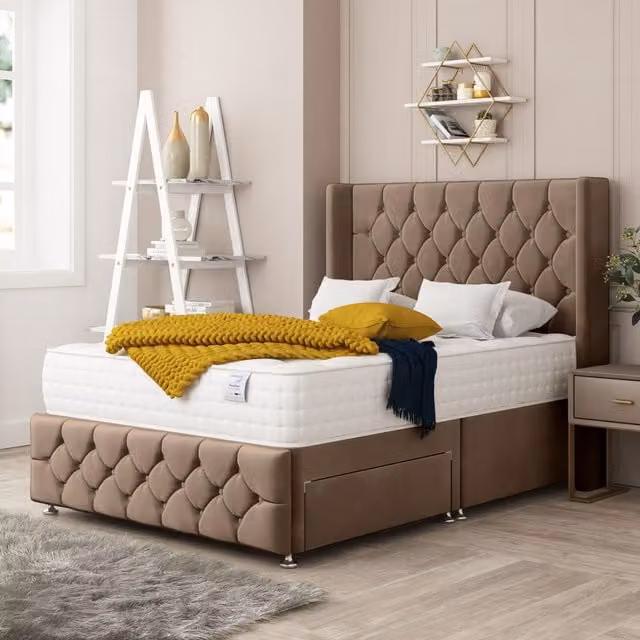 Bed Choices Elena Brown Velvet Upholstered Divan Bed with 2 Drawers, Mattress and 26 inch Headboard, W/D/H: 200 x 200 cm