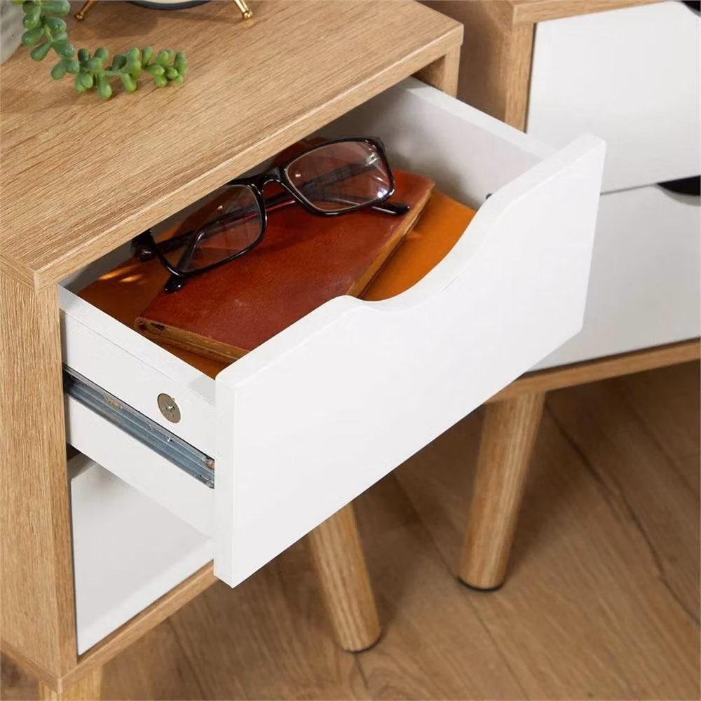 Nordara Set of 2 Oak White Bedside Cabinets with 2 Drawers and Wooden Legs in Brown – 2