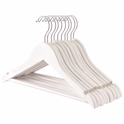 Harbour Housewares 10x White Wooden Kids Coat Hangers with Round Trouser Bar and Non-Slip Shoulder Notches