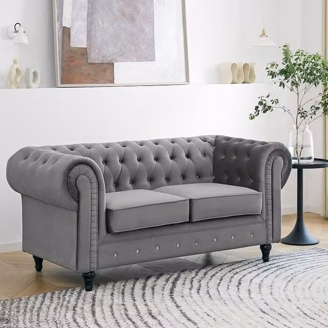 Chesterly 2 Seater Grey Velvet Chesterfield Sofa with Button Detail