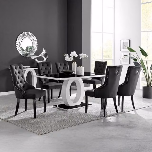 Giovani Black Rectangular Glass Dining Table with 6 Belgravia Black Leg Chairs