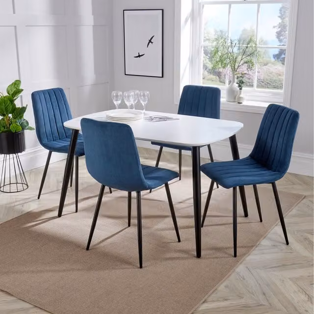 Core Products Ltd Aspen White Rectangular Dining Table and 4 Blue Cord Fabric Chairs Set W/D/H: 120 x 80 x 75 cm