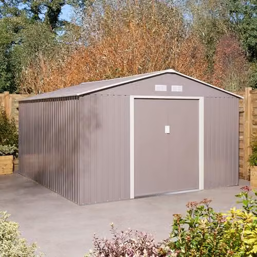 Rowlinson Trentvale 10x12 Metal Apex Shed in Light Grey with Foundation Kit, Double Doors and Windows – 1