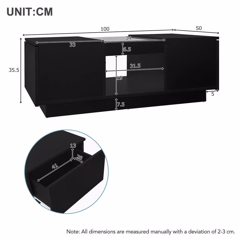 Matteo Modern Black LED Coffee Table with Storage and Drawers, W/D/H: 100 x 50 x 35.5 cm – 5