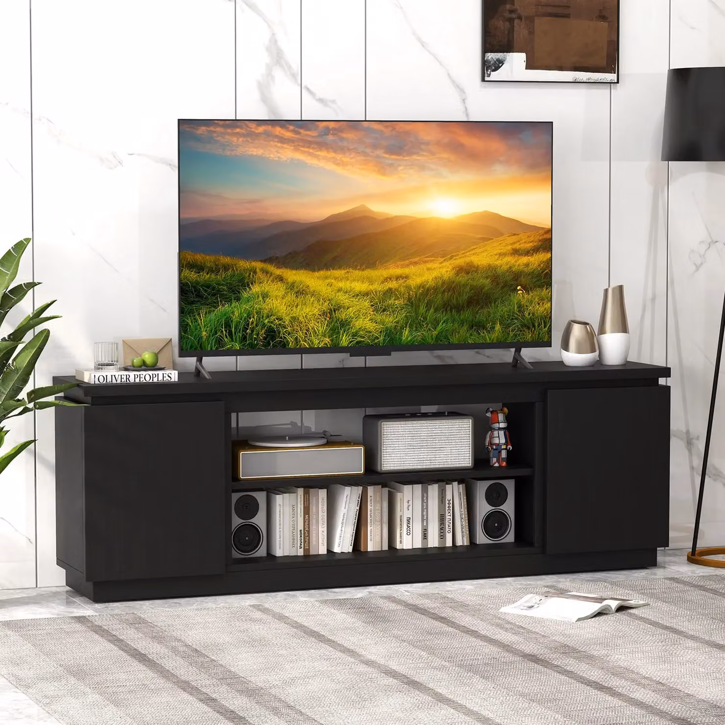 Gymax Modern Black Matt Media Console Table for TVs up to 80 inch, Width: 178 cm – 3