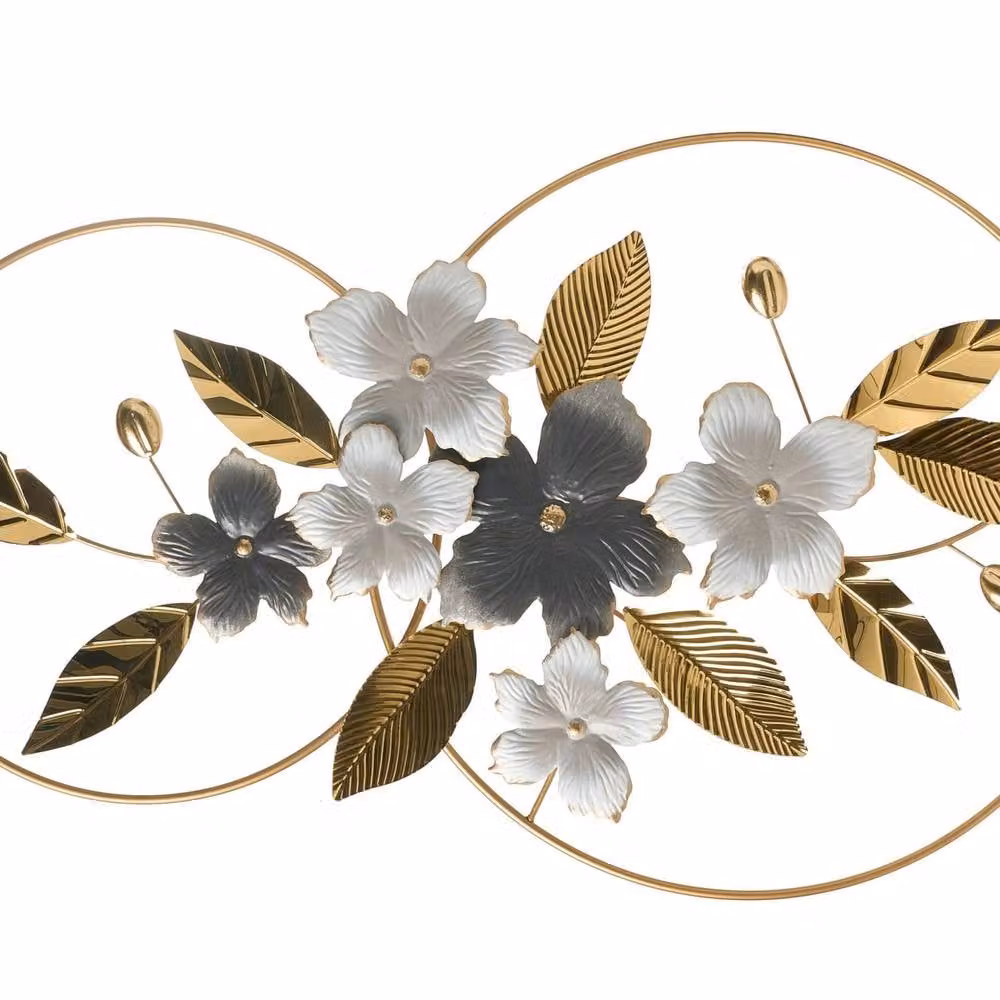 Wyld and Coco Grey and Gold Metal Floral Wall Sculpture with Leaf Design, W: 99 cm, H: 66 cm – 2