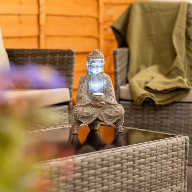 ValueLights Solar Powered Buddha Garden Ornament in Grey