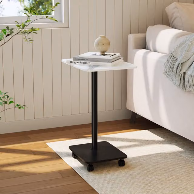 Livingandhome C-Shaped Minimalist Side Table with Lockable Castors, White, Black and Multicolour