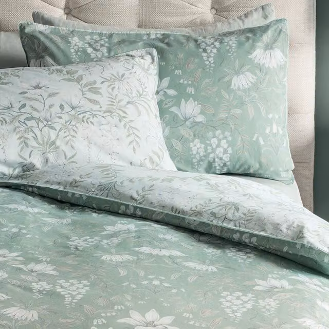 Laura Ashley Parterre Floral Cotton Mako Satin Housewife Pillowcase in Sage Green and White