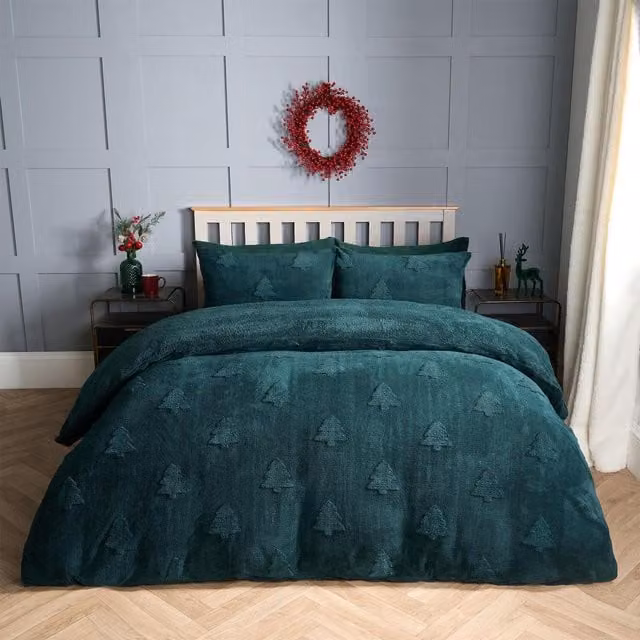 OHS Winter Tree Tufted Teddy Fleece Duvet Cover Set, Green, 180 x 200 cm
