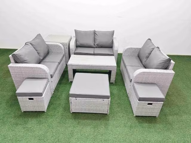 Fimous 9 Seater PE Wicker Rattan Garden Furniture Set in Light Grey with Oblong Coffee Table, 2 Seater Sofa and 3 Ottomans