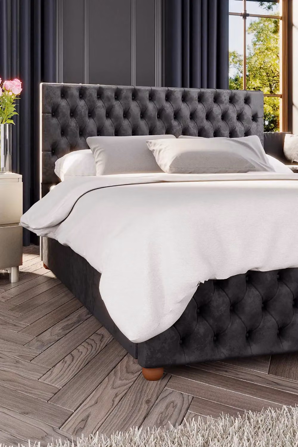 Laurence Llewelyn-Bowen Seren Ottoman Storage Bed in Black Mirazzi Velvet Fabric, Super King, W: 200 cm x D: 200 cm – 3
