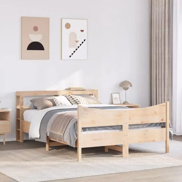 Berkfield Home Sleek Solid Wood Pine Bed Frame with Headboard and Bedside Shelves, Beige, W: 160 cm, D: 200 cm, H: 82 cm – 1