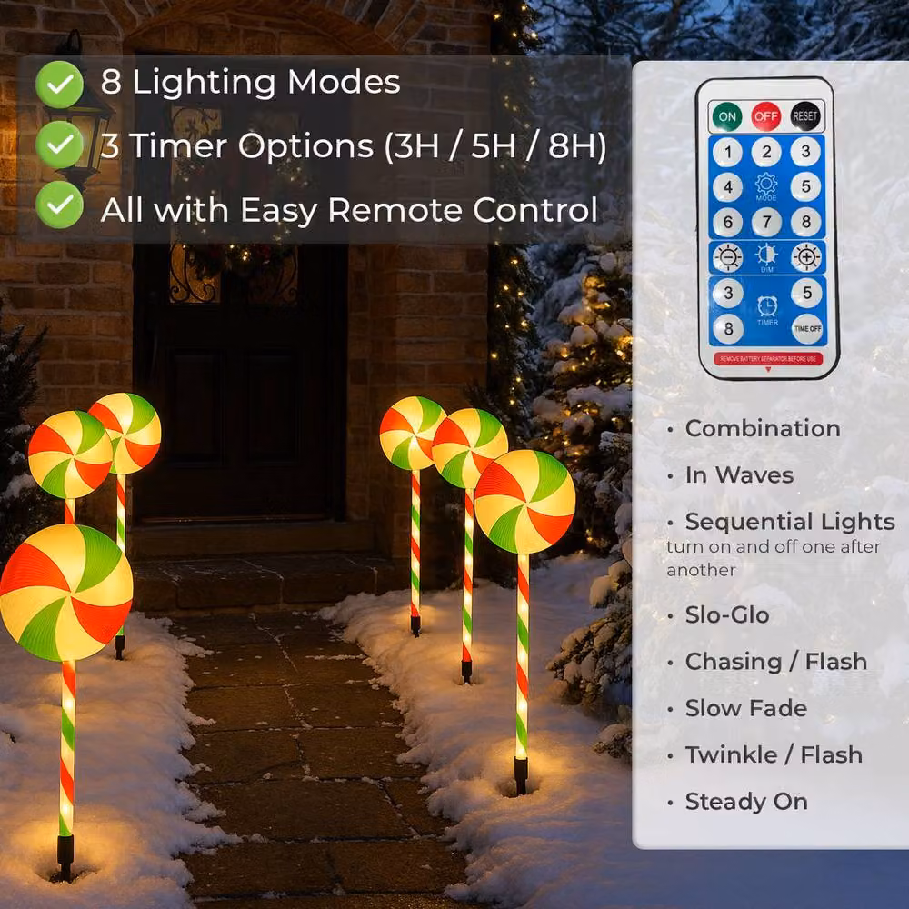 Neo Solar Powered Candy Cane Lolly Lollipop Christmas Decorations with Remote, Red, White and Multicolour, Pack of 6, Height: 50 cm – 3
