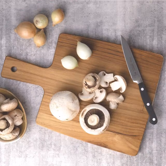 Tramontina Rectangular Teak Wood Chopping Board with Handle, Brown and Yellow, W: 34 cm, D: 23 cm