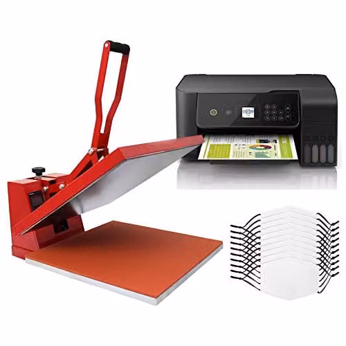 PixMax Sublimation Face Mask Bundle with Eco Tank Printer and 38cm Heat Press Machine, 10 White Blank Medium/Clam Flat Masks with 5-Layer Filter for Adults