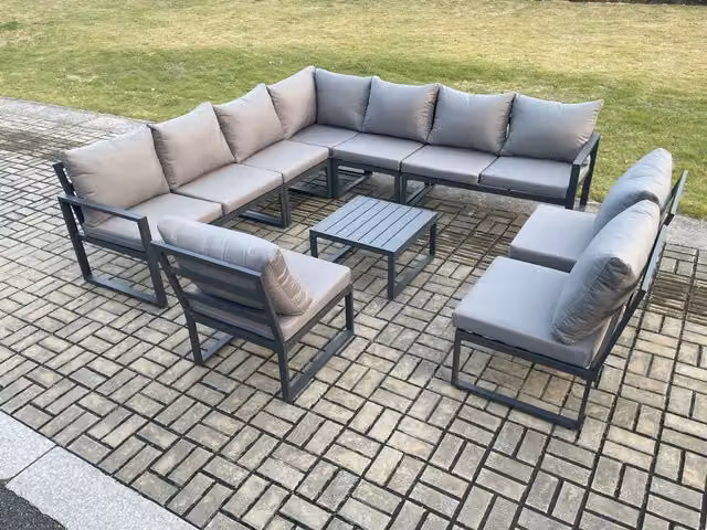 Fimous 10 Seater L-Shape Outdoor Garden Furniture Set with Upholstered Corner Sofa and Square Coffee Table in Dark Grey Powder Coated Aluminium