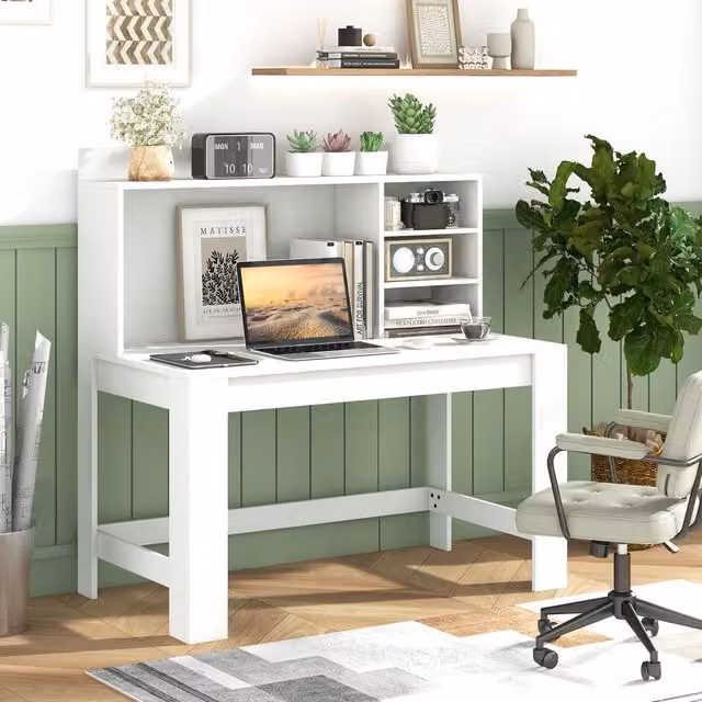 Costway Modern Wooden Computer Desk with Hutch in White – 1