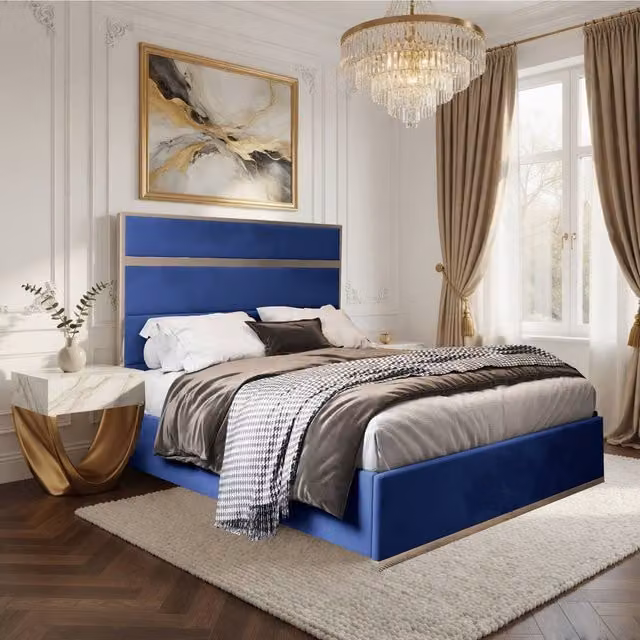 Casani Fladbury Upholstered Velvet Designer Bed Frame in Blue, W/D/H: 120 x 137 x 128 cm – 1