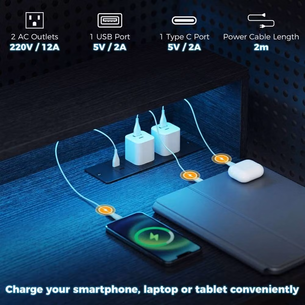 FORGEVIO Black Gaming Desk with LED Lights and Power Outlets, W/D/H: 120 x 60 x 75 cm – 3