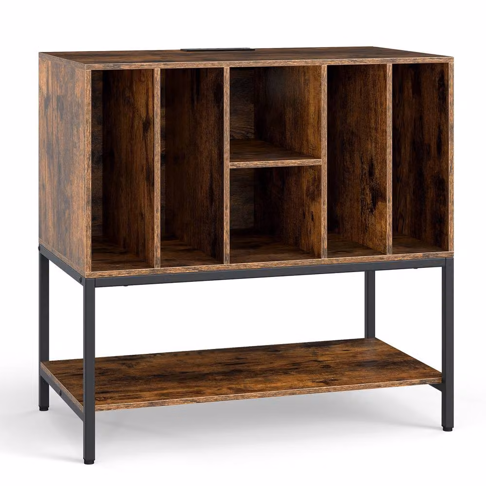 Costway Industrial Record Player Stand and Turntable Table with Charging Station in Brown – 7