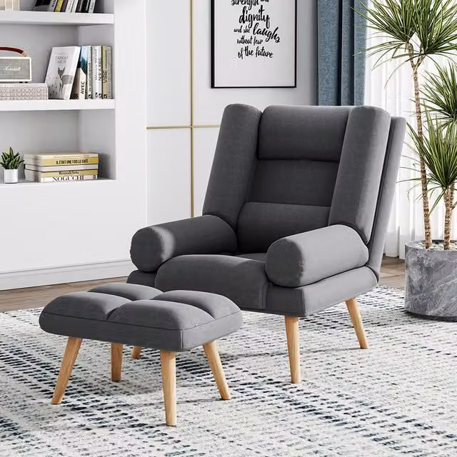 Livingandhome Grey Fabric Mid-Century Relax Recliner with Integrated Ottoman and Armrests