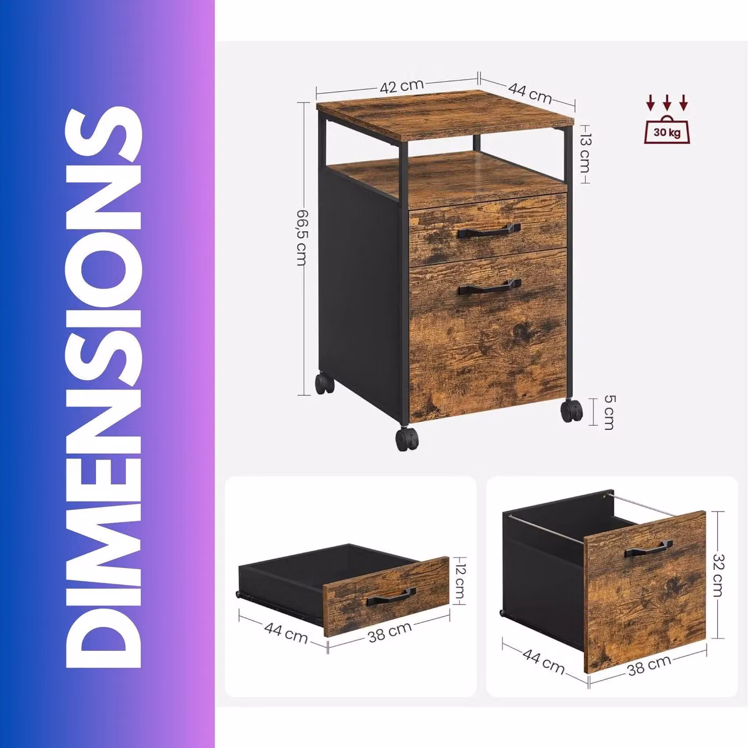 FURNOS Industrial 2 Drawer Filing Cabinet with Lockable Wheels, Brown, H 66.5 x W 44 cm x D 42 cm – 3