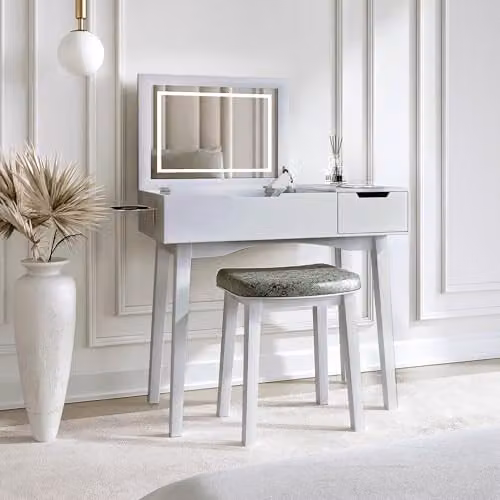 CARME Selena Grey Dressing Table with Flip Top LED Light Mirror, Side Drawer, Stool and USB Charger, W/D/H: 115 x 40 x 40 cm
