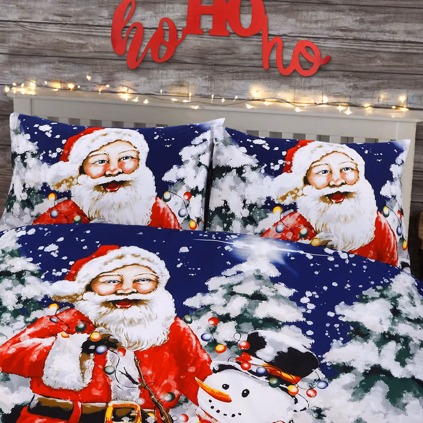 Velosso Santa Xmas Lights Red Printed Cotton Rich Duvet Cover and Pillowcase Set, W/D/H: 200 x 200 cm and 50 x 75 cm – 2