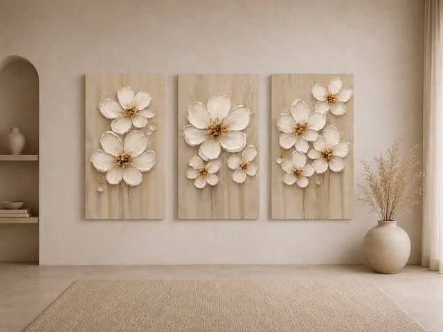 Mafett Set of 3 Beige and Gold Magnolia Floral Canvas Wall Art Prints, W: 45.7 cm, H: 61.0 cm