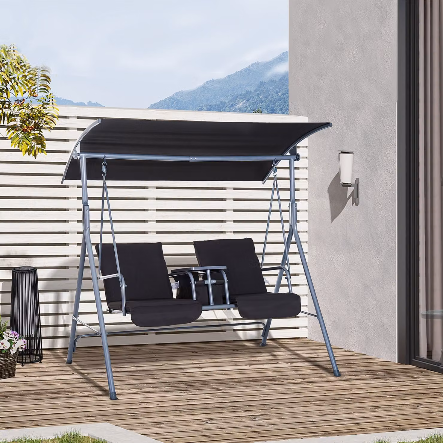 Outsunny Grey 2-Seater Steel Frame Swing Chair with Table and UV-Resistant Sun Canopy – 2