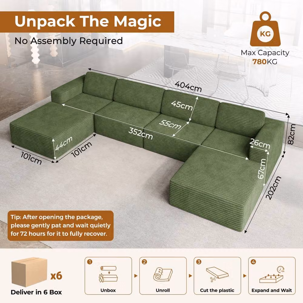 Dprodo Green Corduroy Modular U-Shape Sofa with Matching Ottoman and Removable Covers – 2