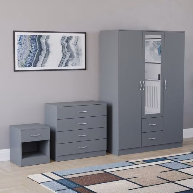Vida Designs 3 Piece Modern Grey Bedroom Set Including Bedside Table, 4 Drawer Chest and Mirror Wardrobe – 1