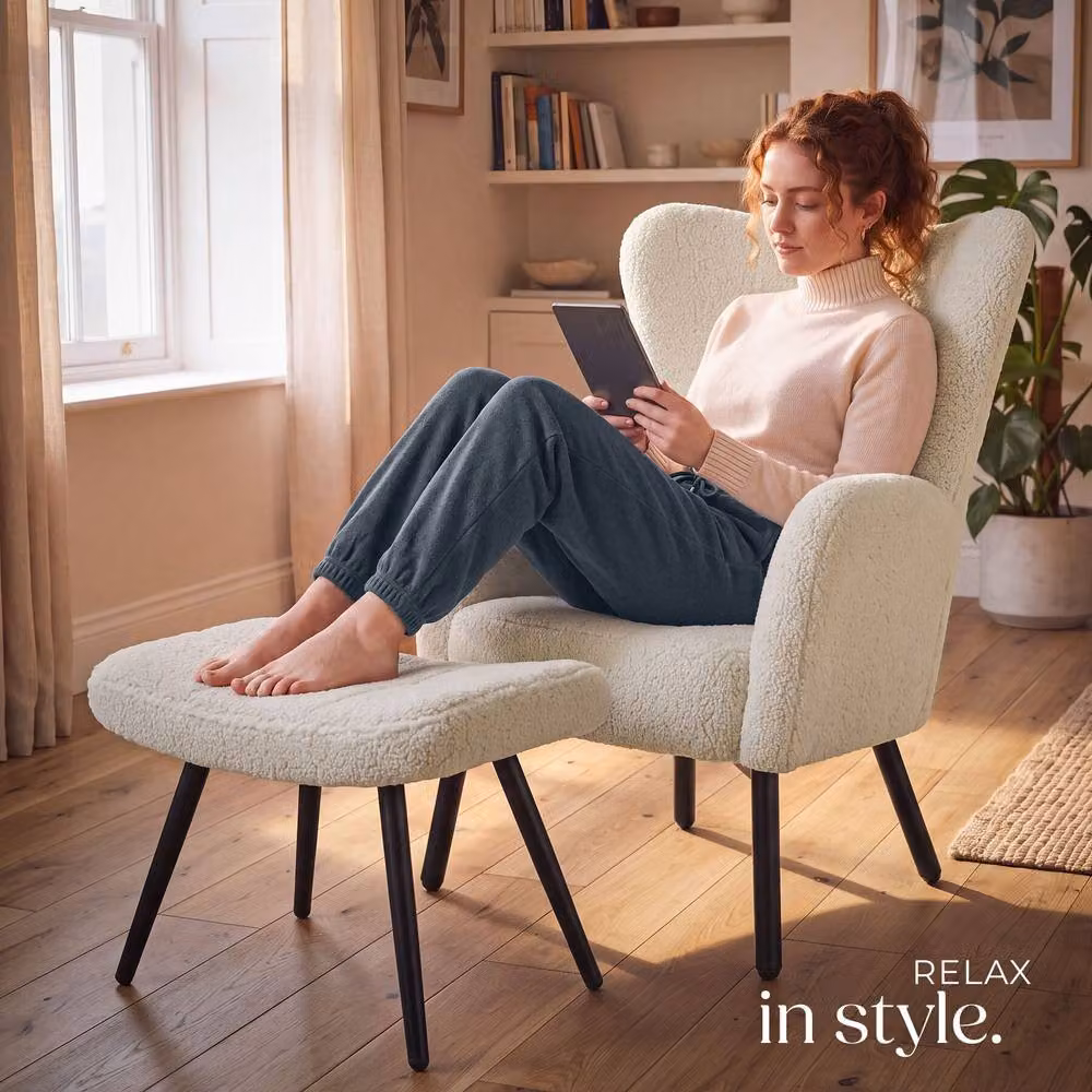 tectake Vänersborg Armchair with Ottoman in Cream and Black Bouclé – 4