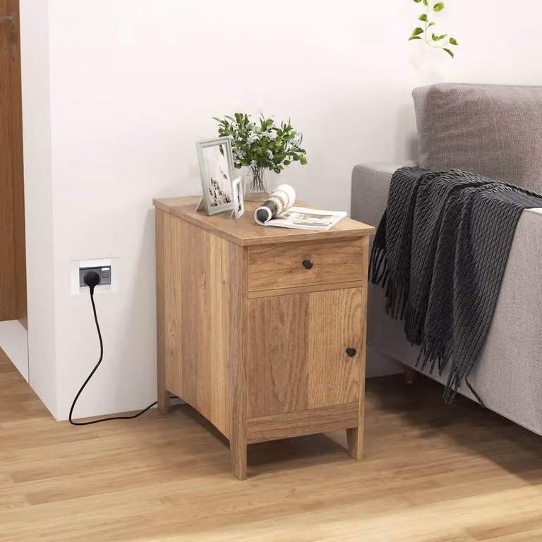 Costway Narrow Nightstand End Table with Charging Station in Natural Wood