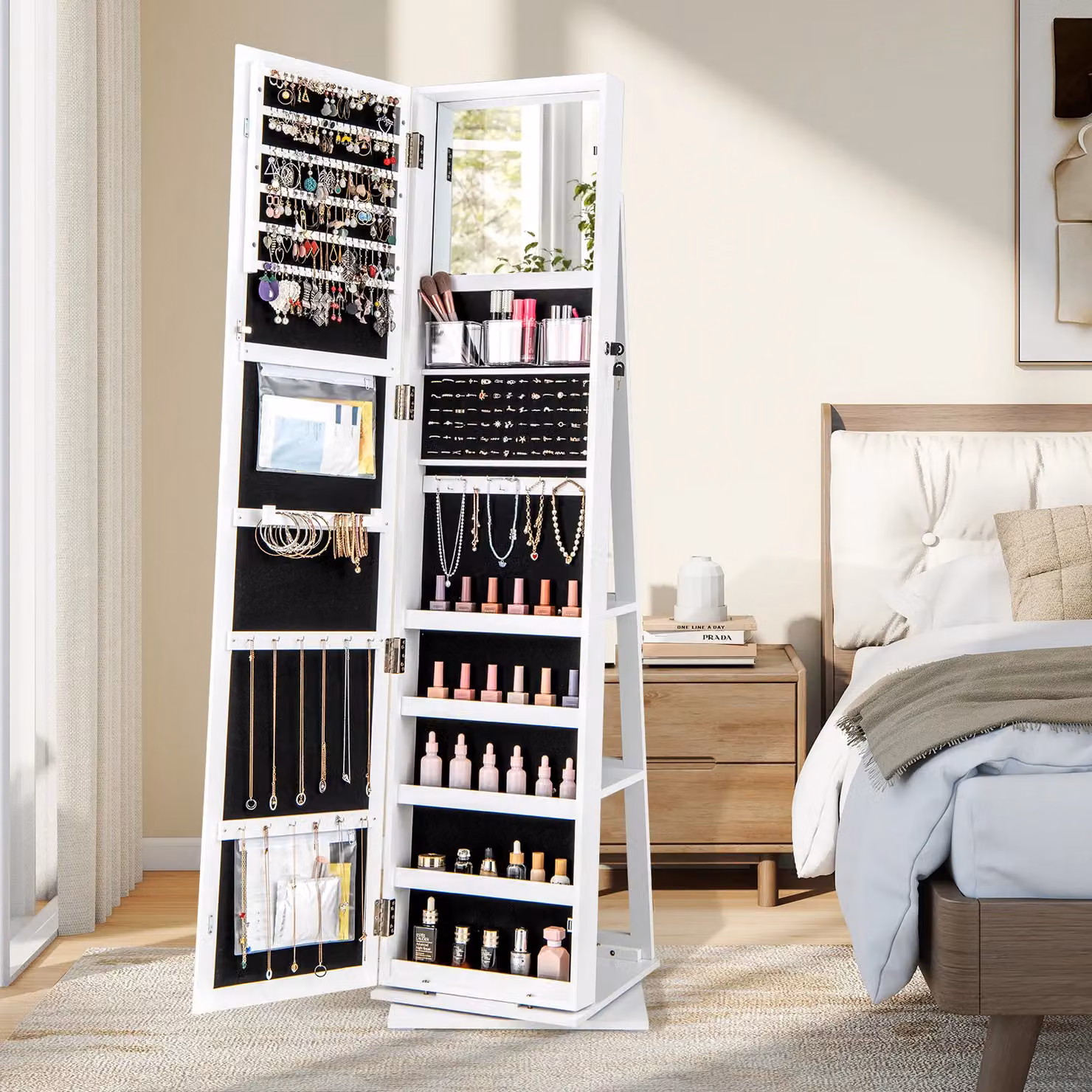 Gymax 360 Swivel Jewellery Armoire with Mirror and Lock, White Standing Jewellery Organiser – 3
